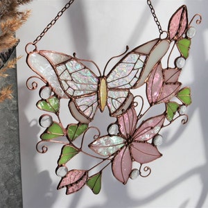 Stained Glass Butterfly Suncatcher: Pink Flowers, Home Christmas Decor