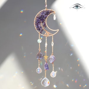 Amethyst Crystal Suncatcher: Boho Moon Rainbow Maker, 41cm