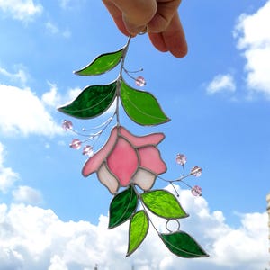 Pink Flower Stained Glass Suncatcher: Handcrafted Floral Branch Decor