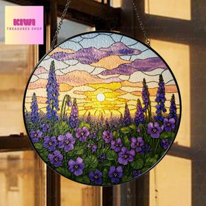 Violet Flower Field Sunset Glass Suncatcher: Window Ornament