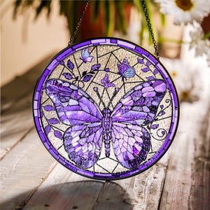 Purple Butterfly Stained Glass SunCatcher Ornament, Butterfly Light Catcher Window Hanging, Mother's Day Butterfly with Flowers Garden Decor