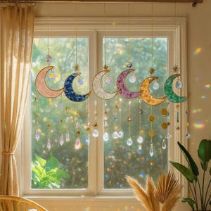 Moon Crystal Suncatcher Hanging, Christmas Gift, Sun Catcher Crescent Moon, Boho Home Decor, Amethyst Suncatcher, Rainbow Maker Rose Quartz