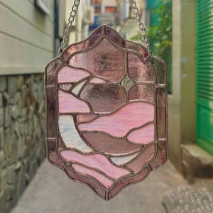 Pink Night and Moon Stained Glass Panel, Night Sky Stained Glass, Moon Night Stained Glass, Valentine Sky Panel, Moon Suncatcher Panel