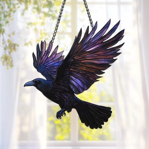 Acrylic Suncatcher Decoration Window Hanging Raven Crow In Flight Purple Black Wings