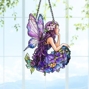 Acrylic Fairy Suncatcher, Purple Winged Window Hanging, Whimsical Home Decor