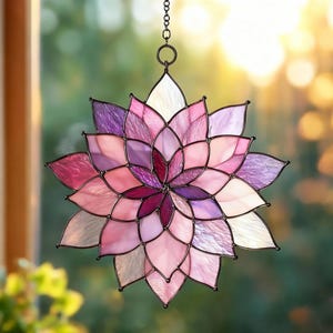Pink Lotus Flower Faux Stained Glass Suncatcher, Floral Window Hanging Decor