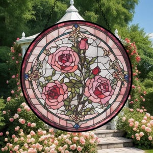 Pink Roses Stained Glass Suncatcher, Florals Theme Window Garden Decoration, French Romance Aesthetics Keepsake, Gift For Flower Enthusiasts
