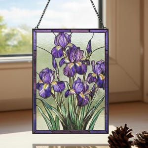 Purple Iris Flower Stained Glass Suncatcher, Flower Lovers Window Decor, Birth Month Flower Gift For Her, Window Hanging For Nature Lovers