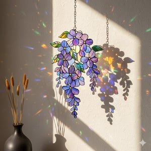 Wisteria Branch Acrylic Holographic Suncatcher, Purple Floral Window Or Balcony Hanging Decor, Floral Spring Home