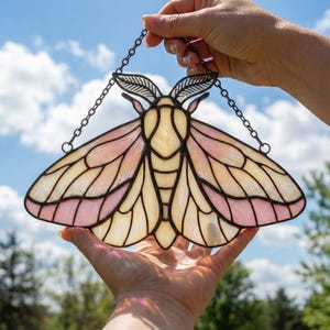 Stained Glass Moth Suncatcher, Pink Cottagecore Decor, Fairycore Aesthetic, Rosy Maple Moth, Butterfly Window Hanging, Valentine Gift