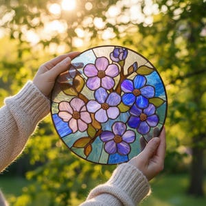 Violet Stained Glass Suncatcher, Floral Window Hanging Art, Purple Flower Home Decor Gift