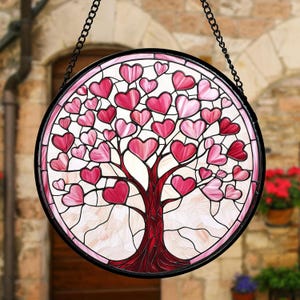 Stained Glass Window Hanging, Pink Love Heart Tree Suncatcher, Valentine's Day Gift, Happy Valentine's Day, Couples Gift