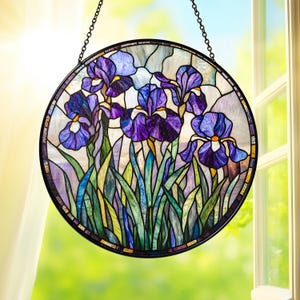 Purple Iris Stained Glass Suncatcher, Purple Iris Round Window Hanging, Floral Sun Catcher Home Decor Gift, Purple Iris Lovers Ornament