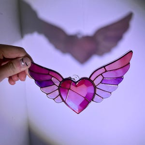 Handmade Pink Winged Heart Stained Glass Suncatcher, Iridescent Window Hanging