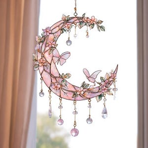 Handcrafted Crystal Moon Suncatcher, Pink Flower & Butterfly Window Decor SunCatchers